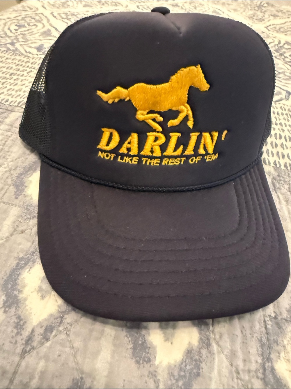 Darlin Swimwear Embroidered Navy Blue Trucker Hat with Gold Horse Logo